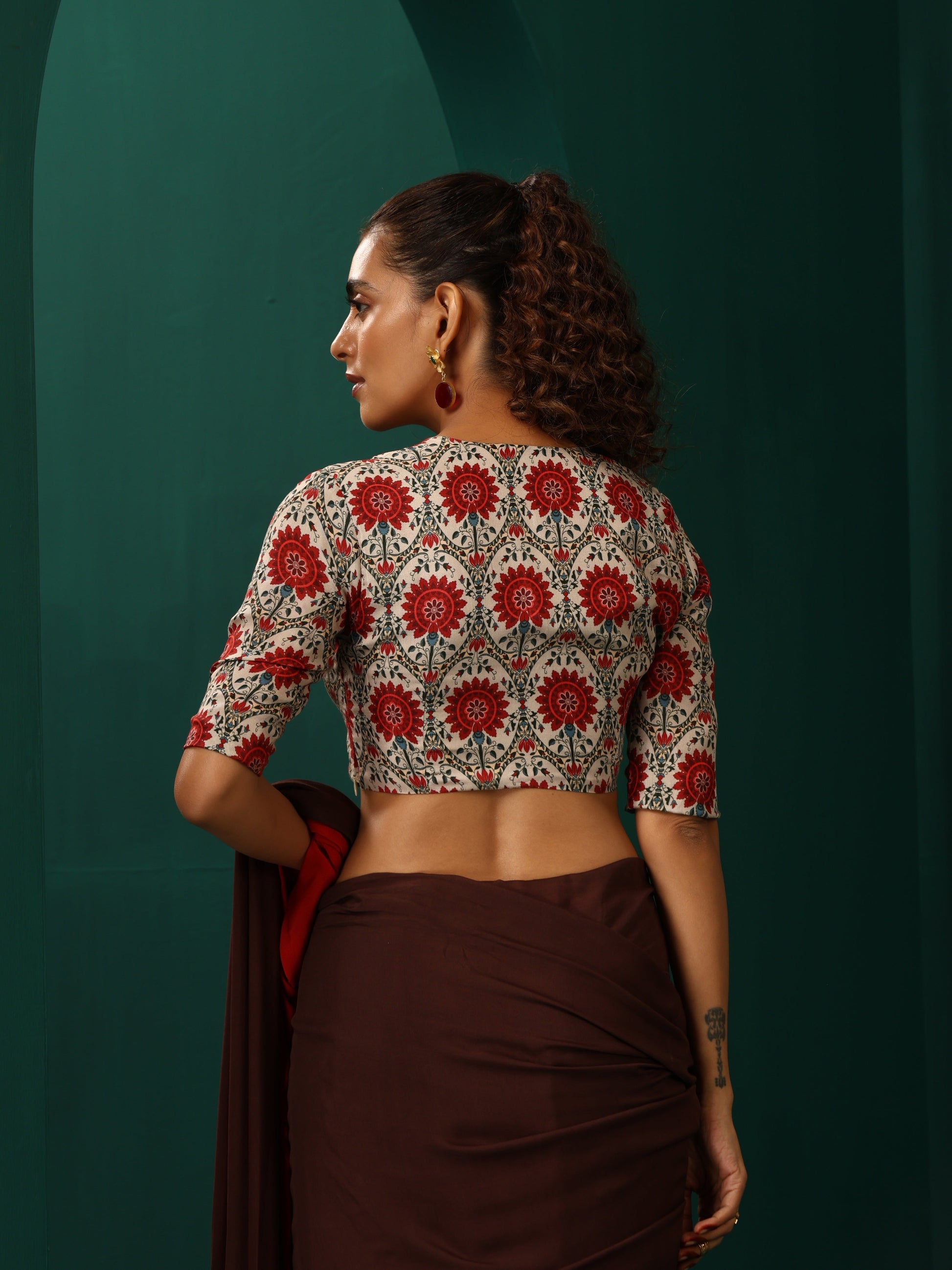 trueBrowns Ivory Red Circle Floral Muslin Silk Printed Deep V-Neck Blouse | Swadesiicart