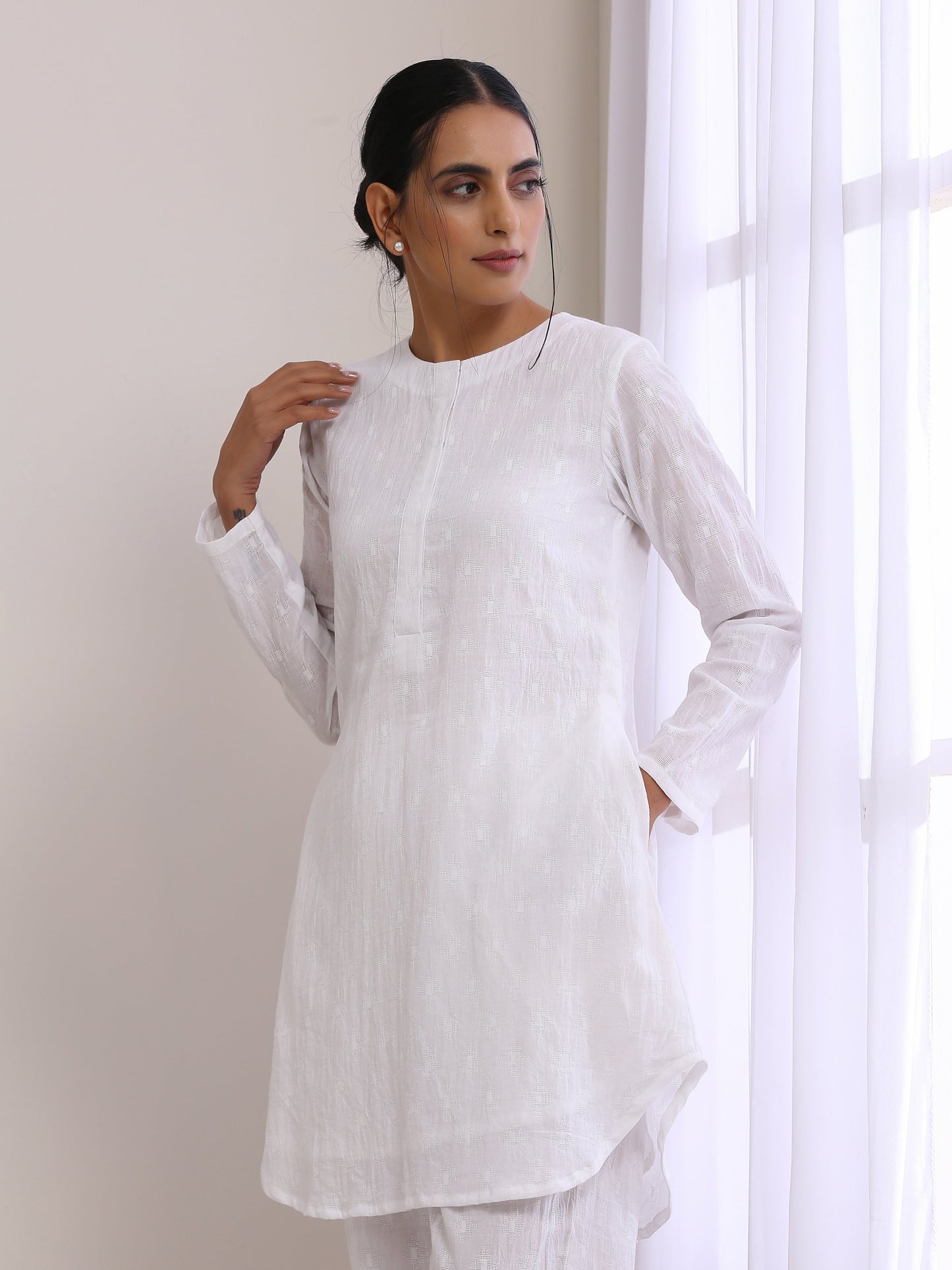 trueBrowns White Dobby Front Placket Co-Ord Set - Swadesiicart
