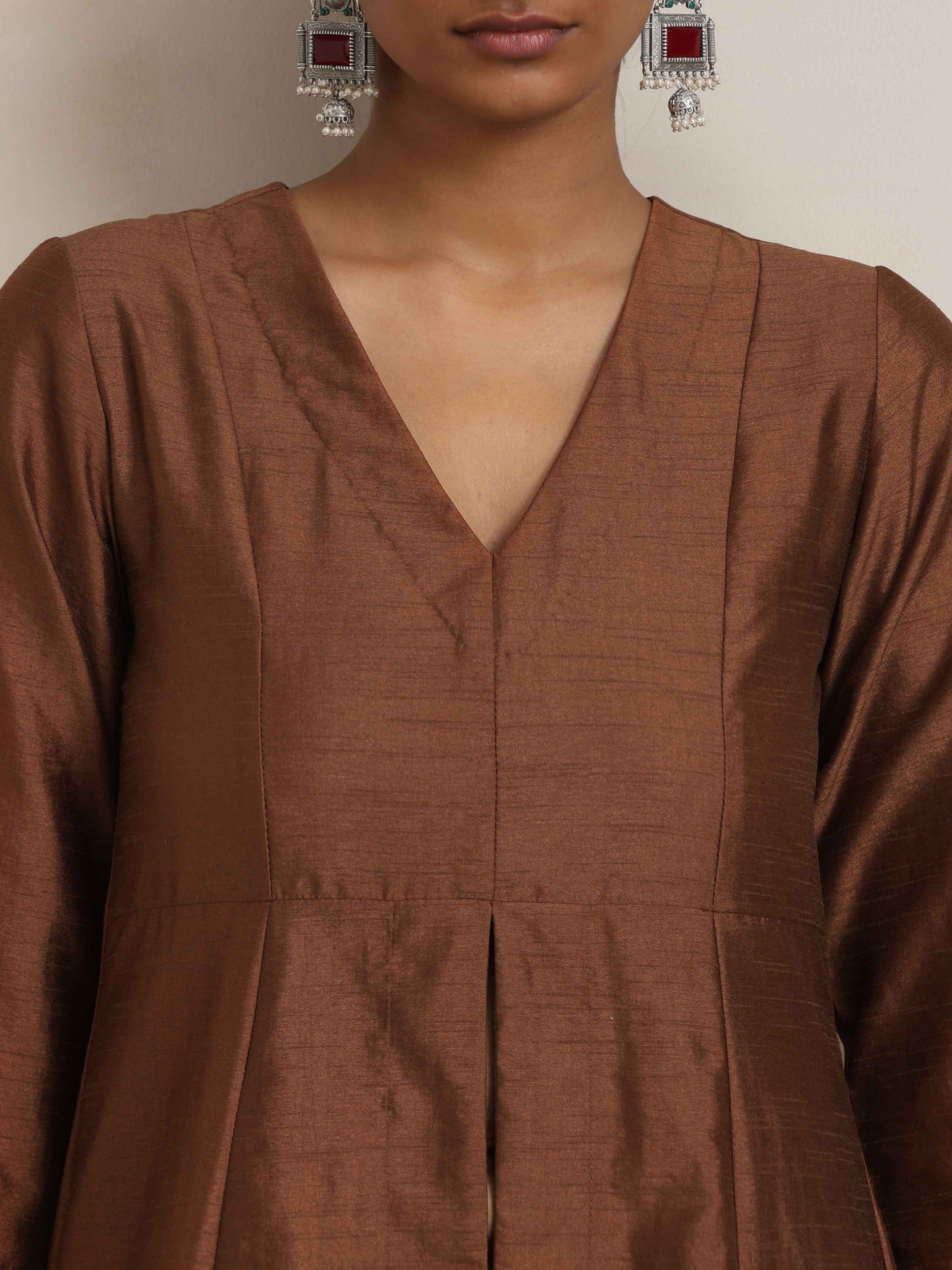 trueBrowns Brown Silk Slit Kurta Set | Swadesiicart