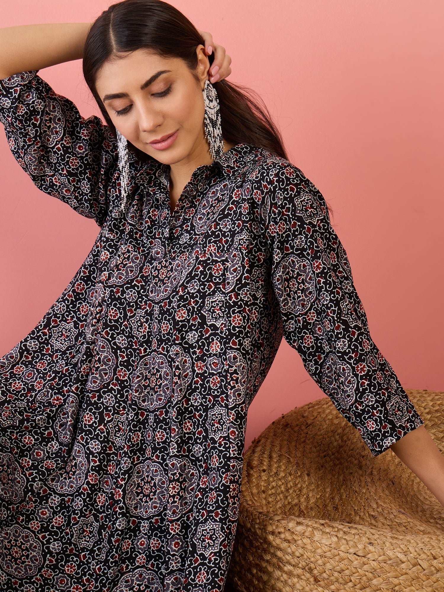 InWeave Black Maroon Ajrakh Foil Collar Flared Dress - Swadesiicart