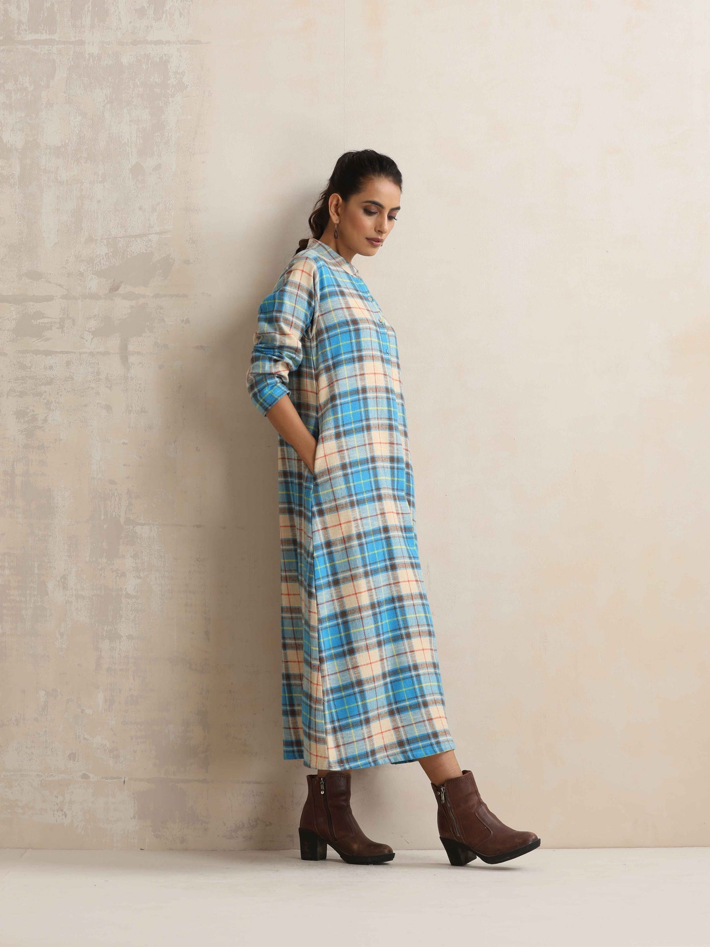 trueBrowns Beige Check Flared Winter Dress | Swadesiicart