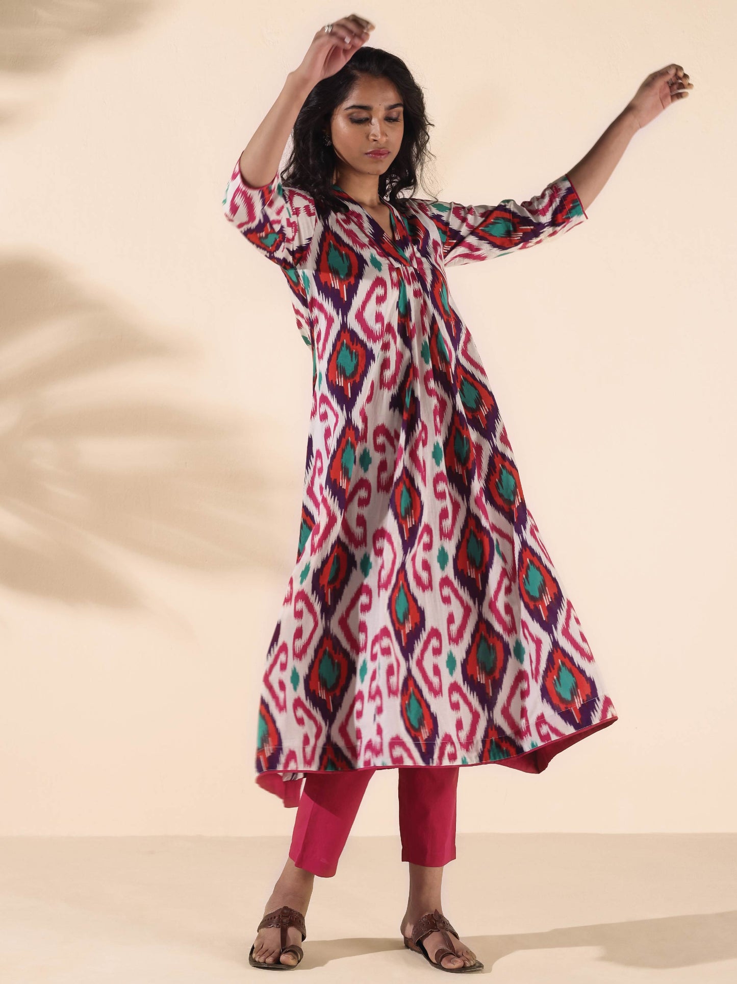 trueBrowns Pink Cotton Ikat Flared Kurta Pant Set | Swadesiicart