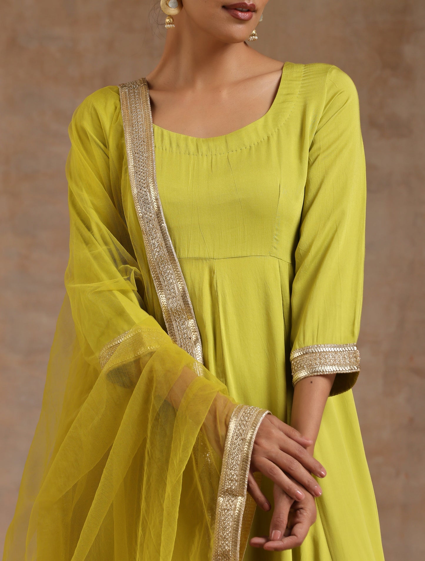 trueBrowns Lime Modal Satin Anarkali Set | Swadesiicart