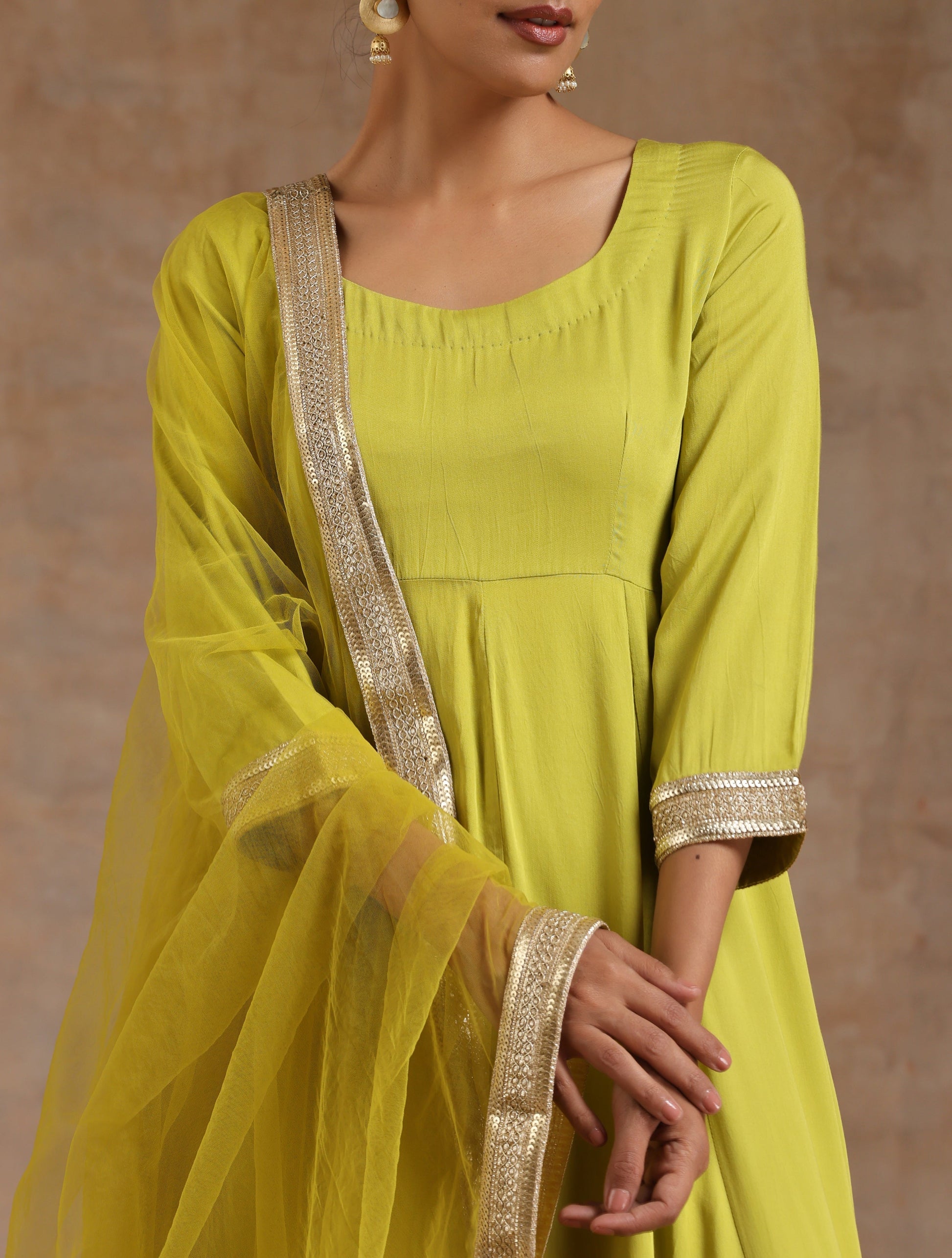 trueBrowns Lime Modal Satin Anarkali Set | Swadesiicart