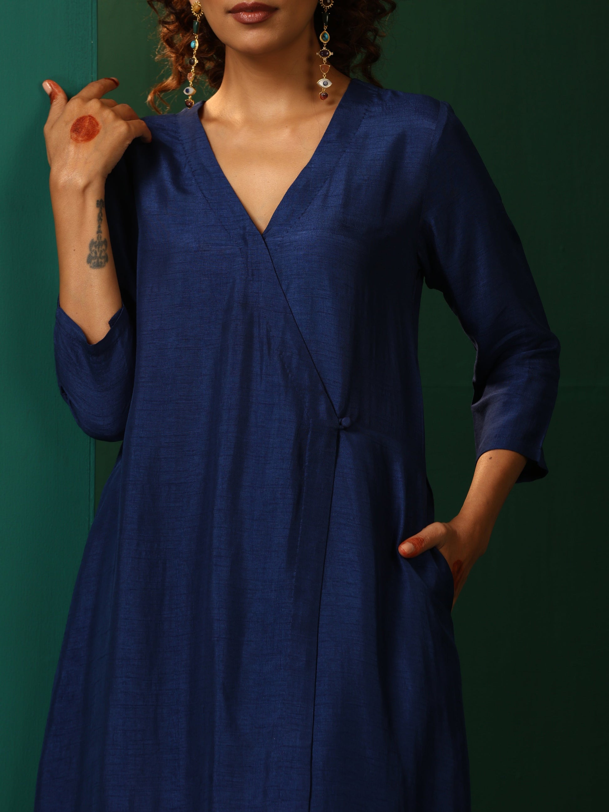 trueBrowns Blue Silk Angrakha Kurta Pant Set | Swadesiicart