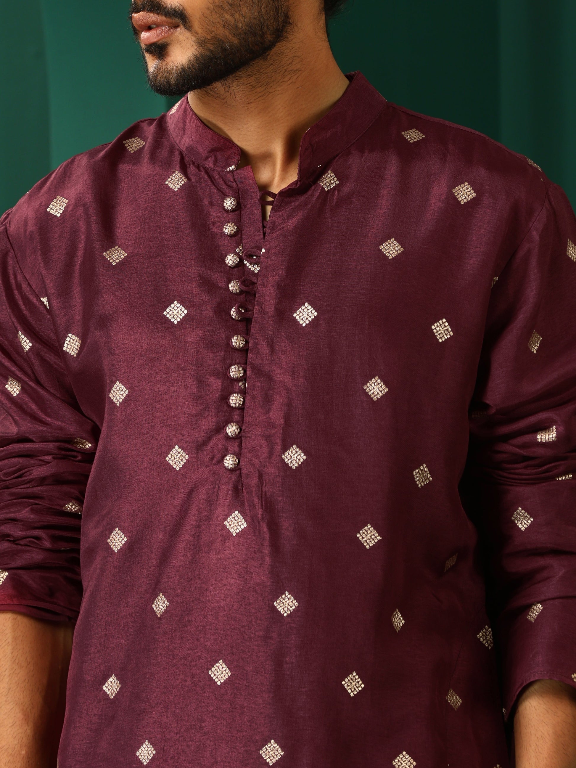 trueBrowns Men's Wine Diamond Viscose Silk Co-ord Set - Swadesiicart