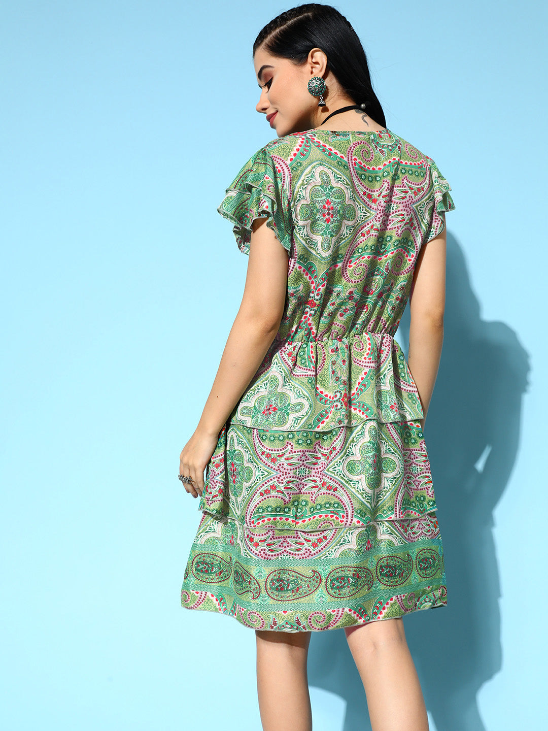 InWeave Women's Soft Green Tiered Short Dress - Swadesiicart