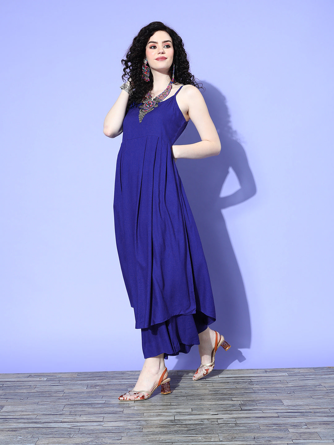 InWeave Women's Strappy Set In Ink Blue With Blue Fuschia Floral Organza Dupatta - Swadesiicart