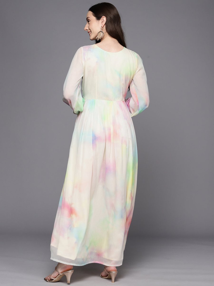 Ahalyaa Abstract Printed Gotta Patti Puff Sleeves Chiffon Maxi Ethnic Dress | Swadesiicart