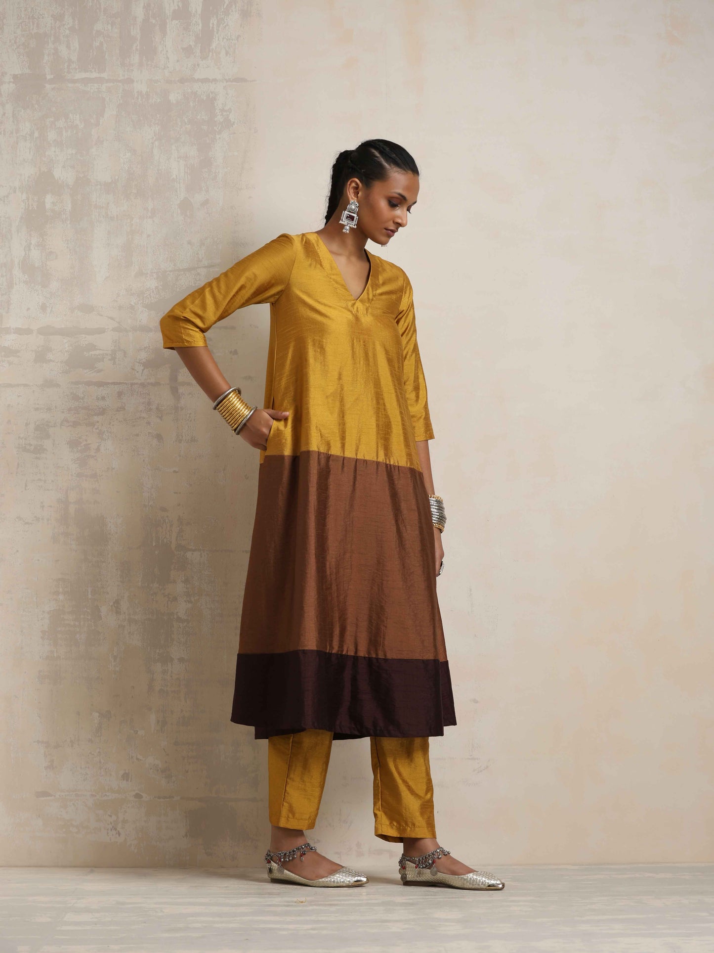 trueBrowns Gold Brown Silk A-line Kurta Set | Swadesiicart