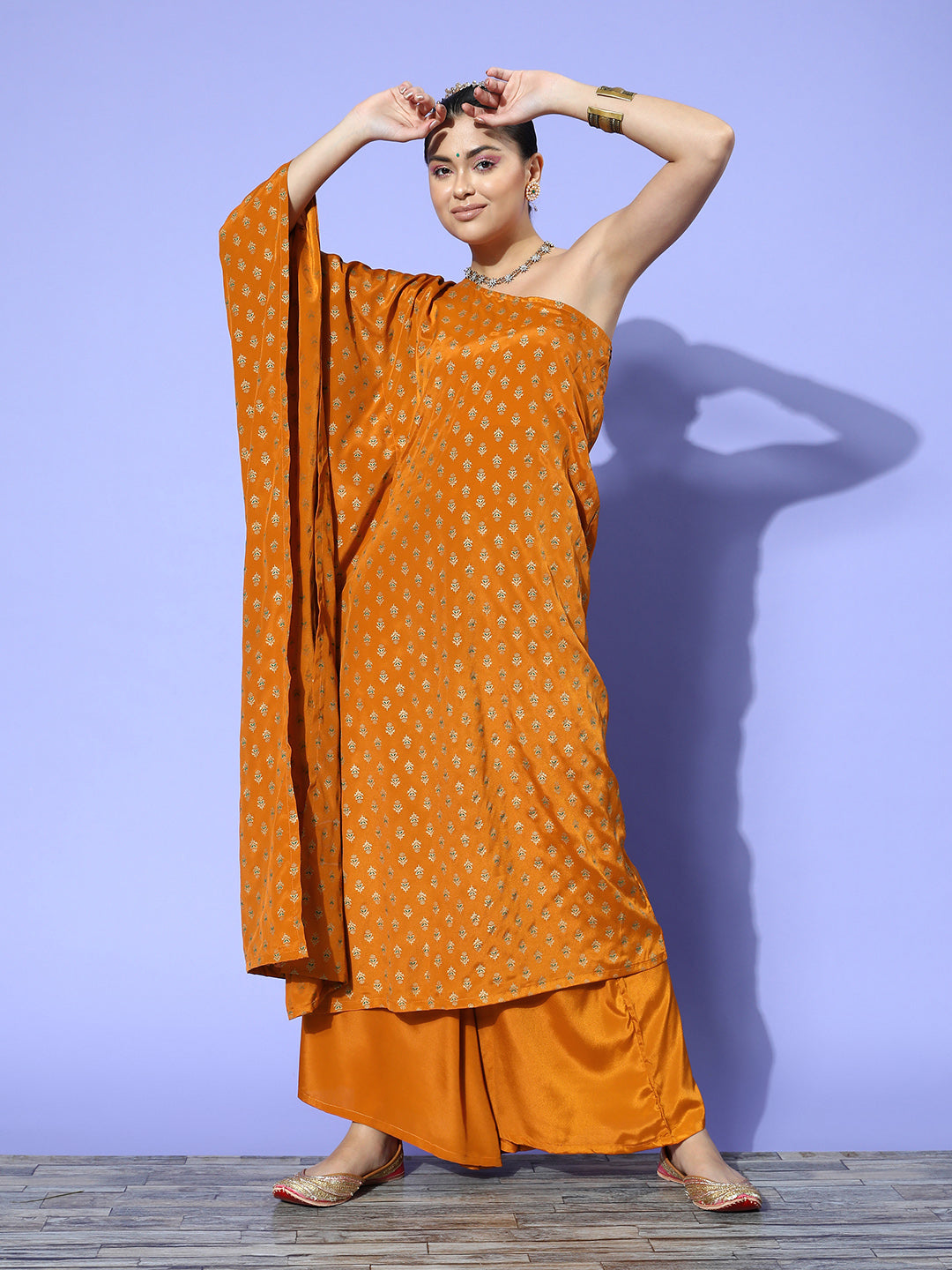 InWeave Women's Mustard Gold Print One Shoulder Kurta Set - Swadesiicart