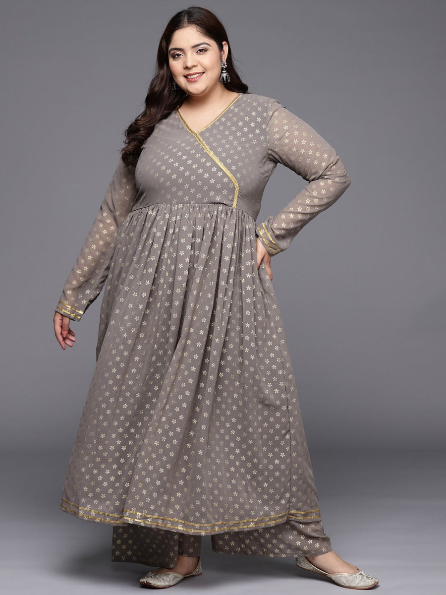 Ahalyaa Plus Size Floral Printed Zari Angrakha Kurta with Palazzos | Swadesiicart