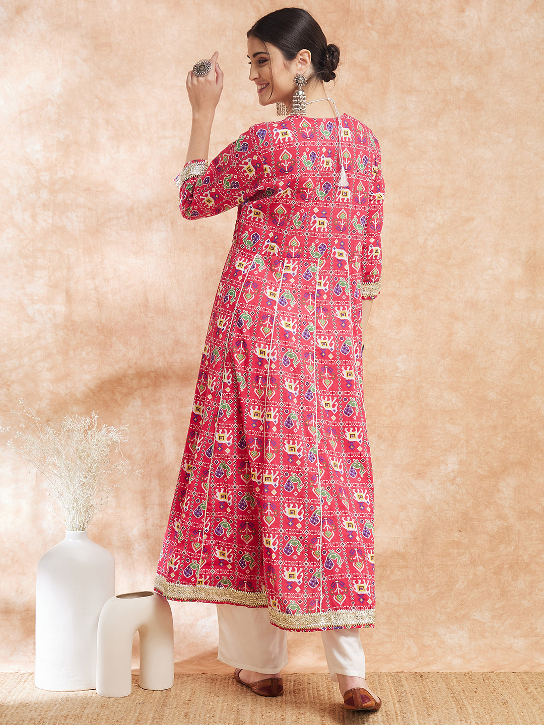 InWeave Women's Pink Patola Printed Gota Embroidered Anarkali Kurta - Swadesiicart