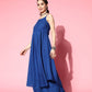 InWeave Ink Blue Strappy Set With Green Floral Long Organza Cape - Swadesiicart