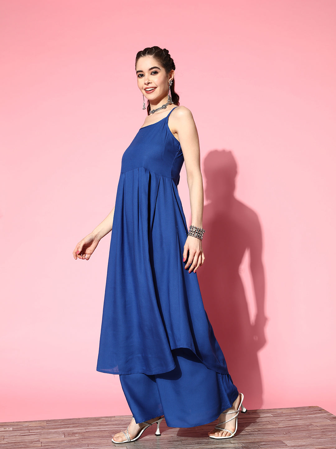 InWeave Ink Blue Strappy Set With Green Floral Long Organza Cape - Swadesiicart