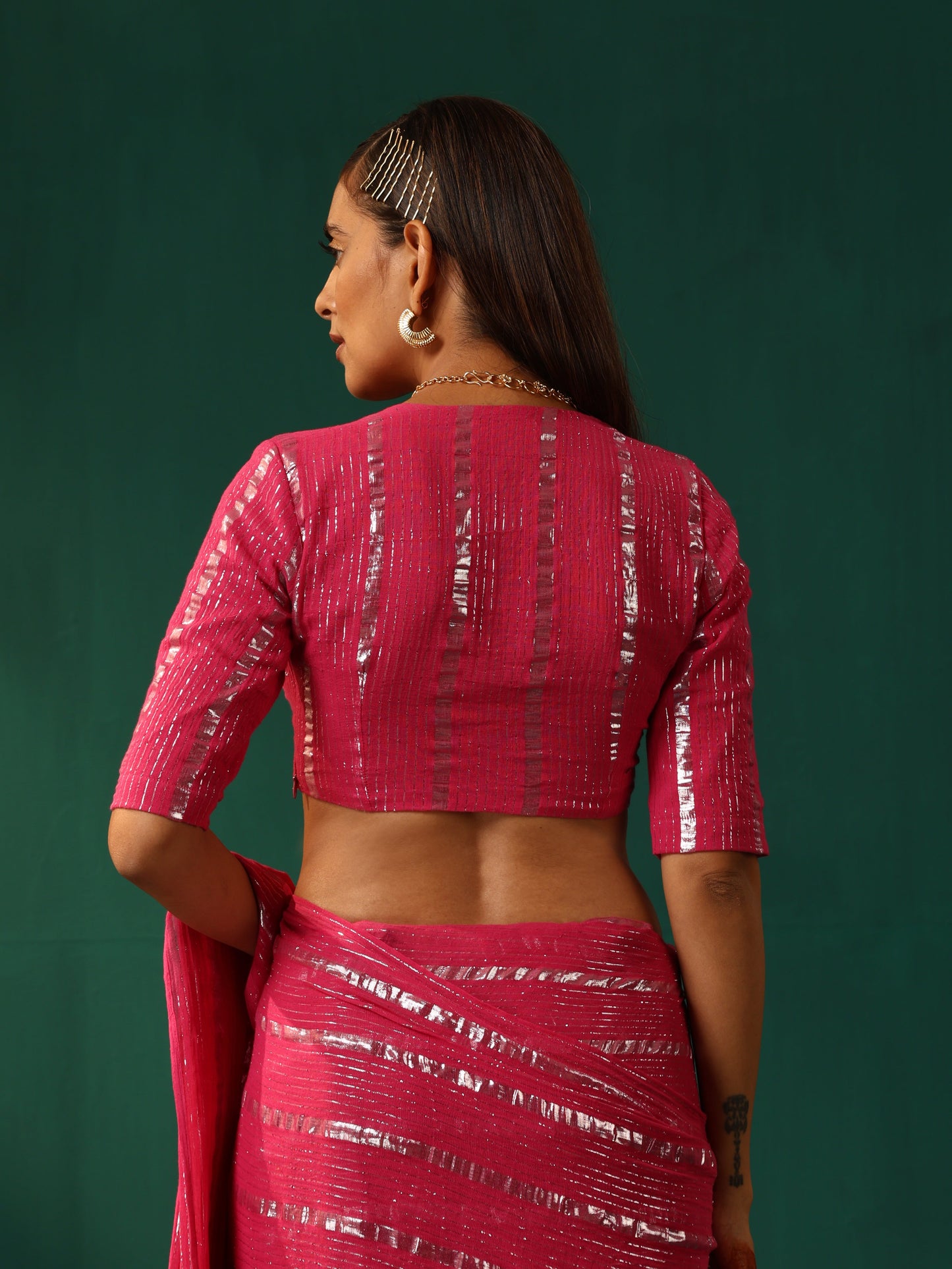trueBrowns Rani Pink Cotton Silver Lurex Deep V-Neck Blouse | Swadesiicart