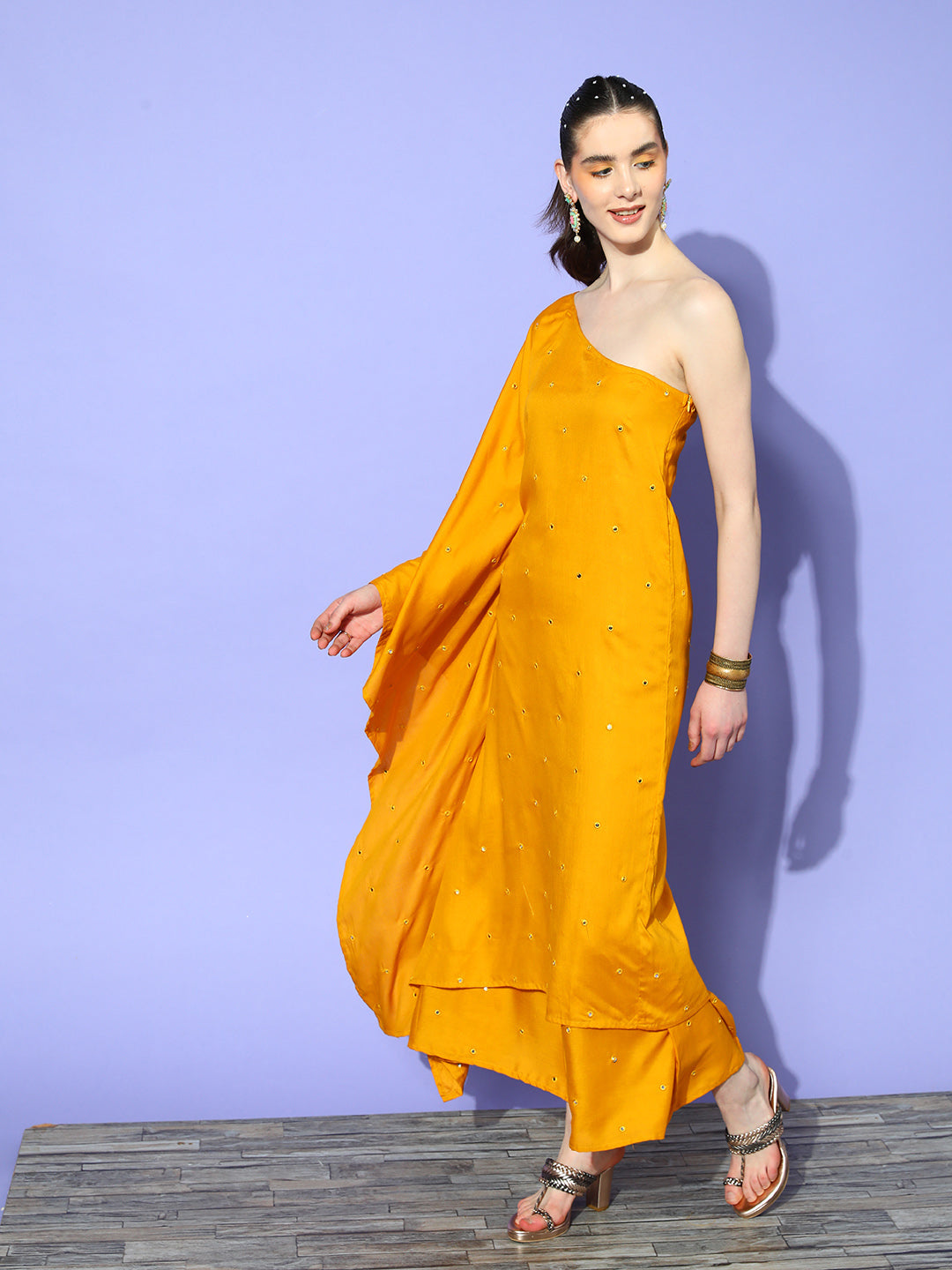 InWeave Women's Mustard Mirror Work One Shoulder Kurta Set - Swadesiicart