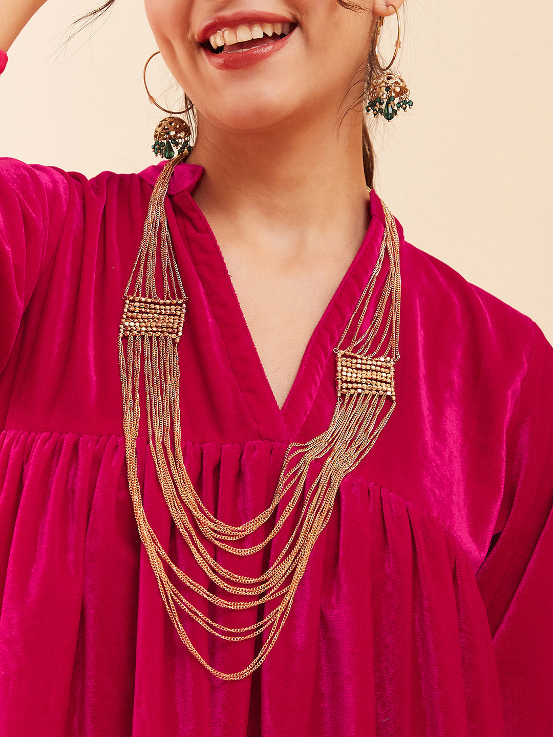 InWeave Women's Fuchsia Velvet Manderia V Neck Flared Dress - Swadesiicart