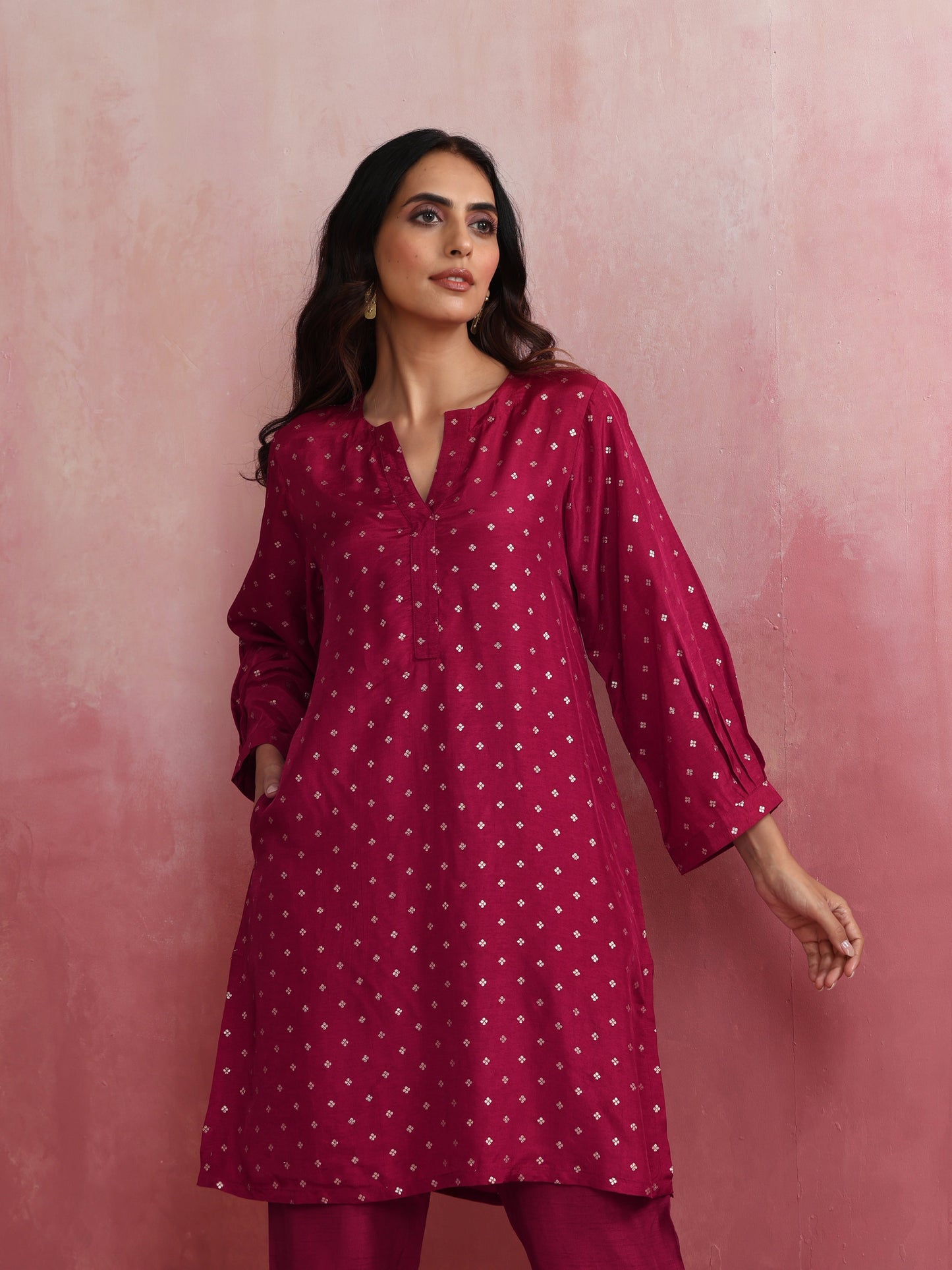 trueBrowns Pink Viscose Silk Kurta Co-ord Set - Swadesiicart