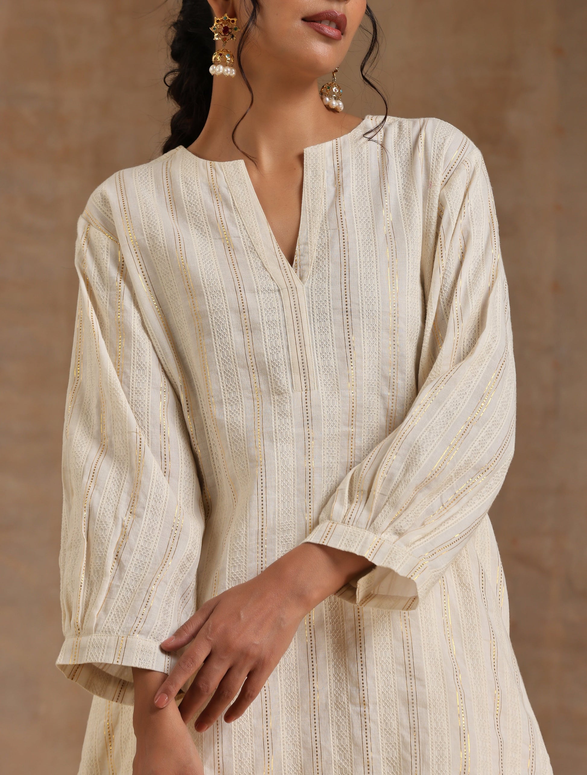 trueBrowns Ivory Gold Cotton Relaxed Co-Ord Set - Swadesiicart