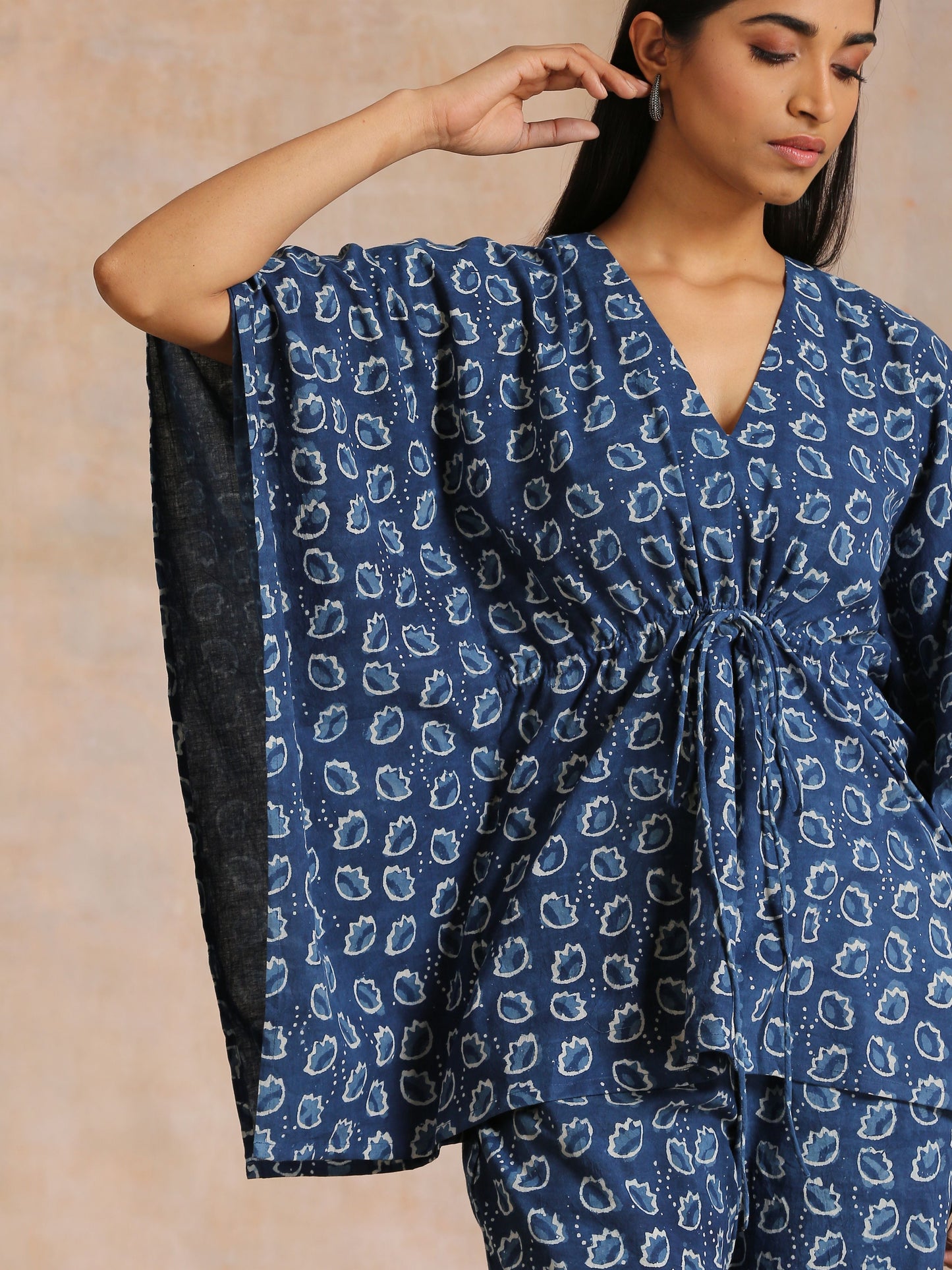 trueBrowns Indigo Dabu Floral Print Cotton Kaftan Co-Ord Set - Swadesiicart