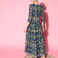 InWeave Women's Blue Ikkat Print Tiered Dress With Lace - Swadesiicart