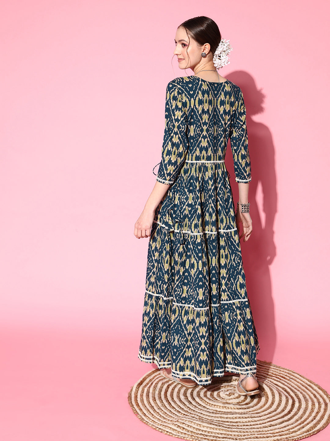 InWeave Women's Blue Ikkat Print Tiered Dress With Lace - Swadesiicart