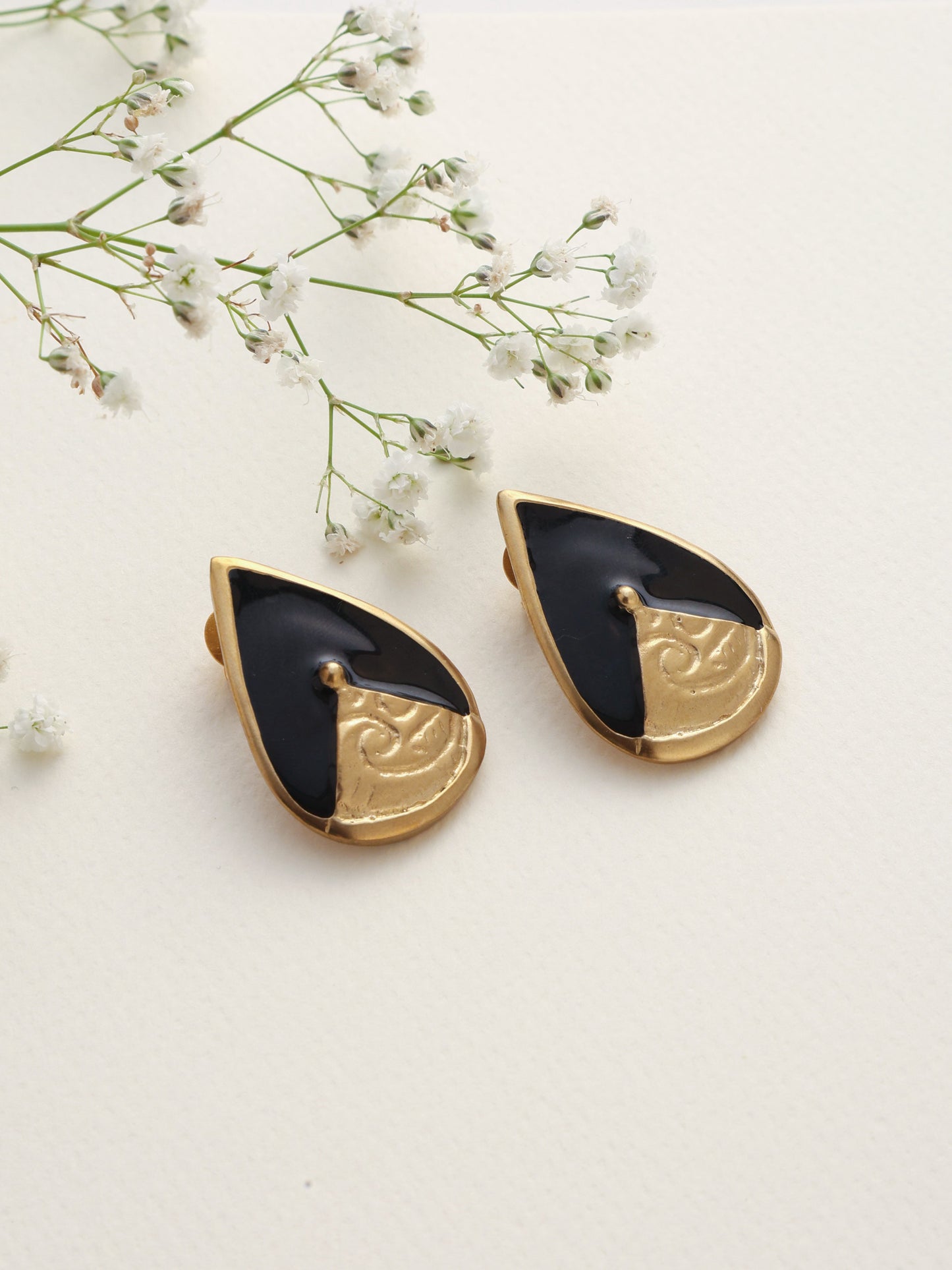 trueBrowns Brass Black Stone Drop Stud Earrings - Swadesiicart