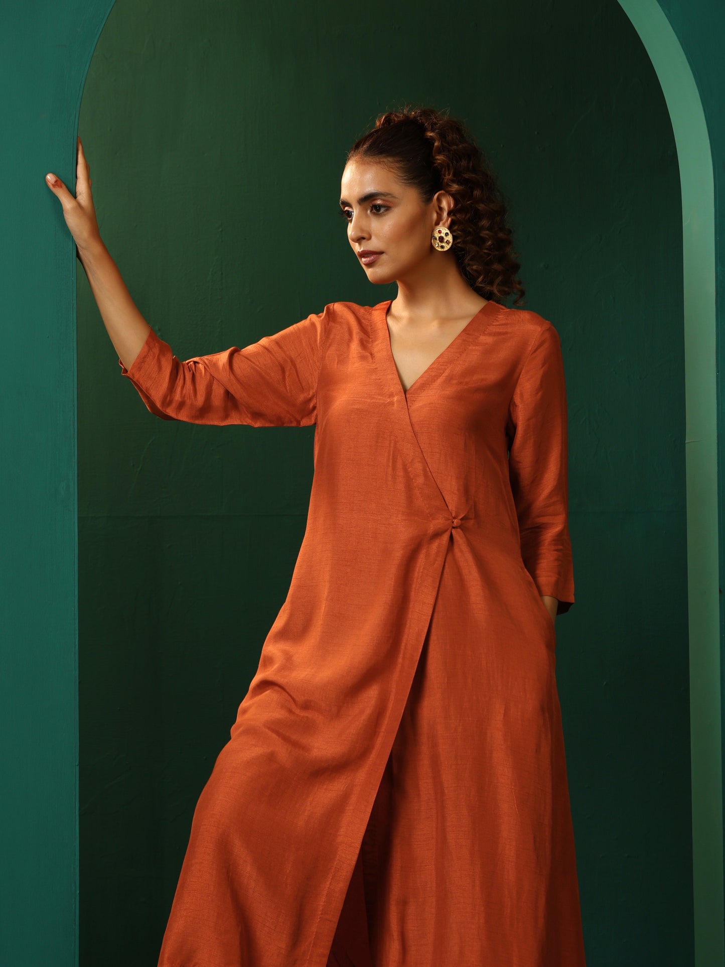 trueBrowns Rust Silk Angrakha Kurta Pant Set | Swadesiicart