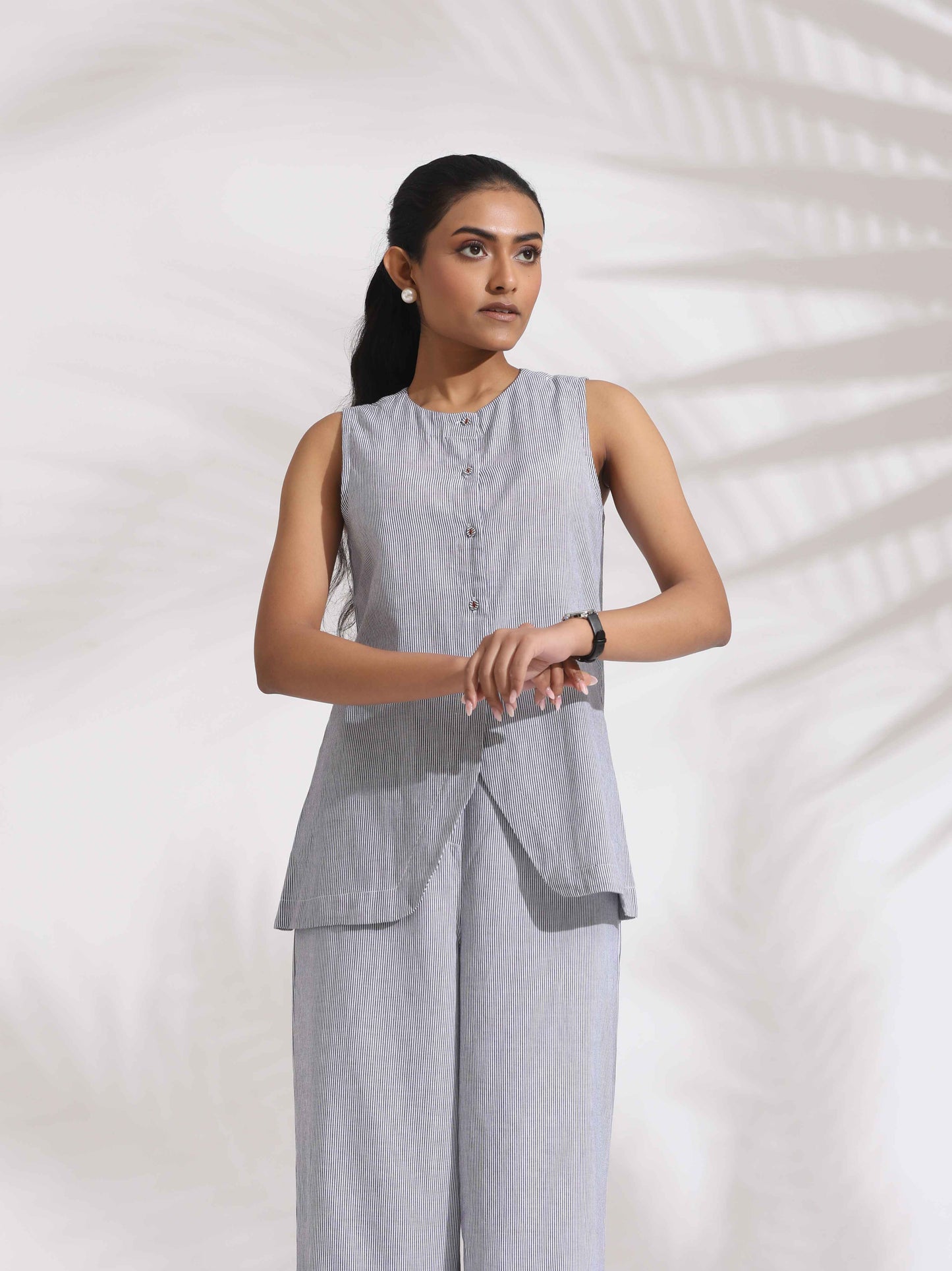 trueBrowns Grey Cotton Stripe Co-ord Set - Swadesiicart