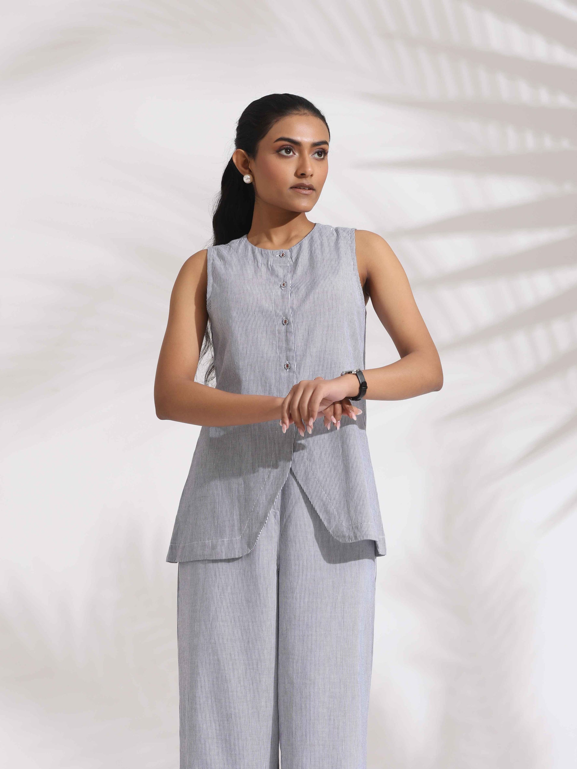 trueBrowns Grey Cotton Stripe Co-ord Set - Swadesiicart