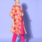 InWeave Women's Red Mustard Chintz Long Organza Cape - Swadesiicart
