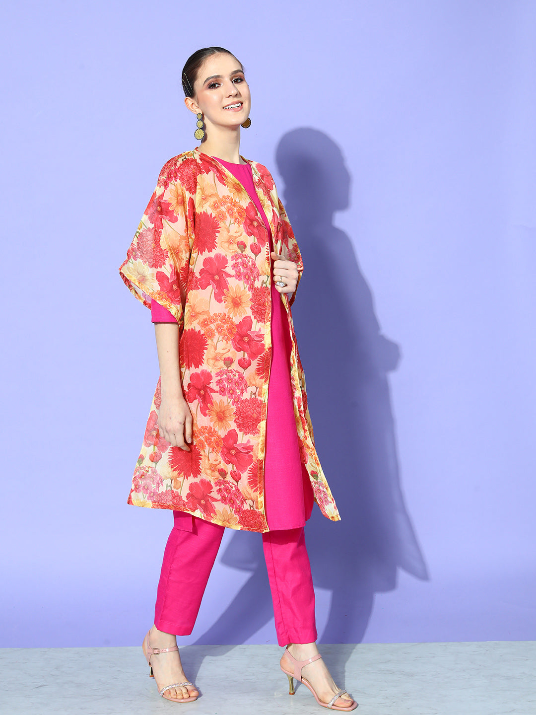 InWeave Women's Red Mustard Chintz Long Organza Cape - Swadesiicart