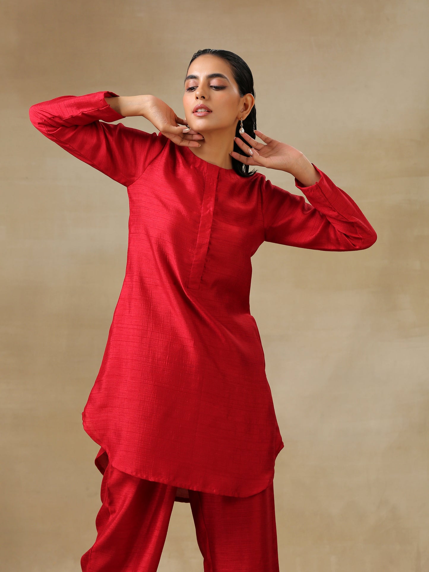 trueBrowns Maroon Textured Silk Front Placket Co-Ord Set - Swadesiicart