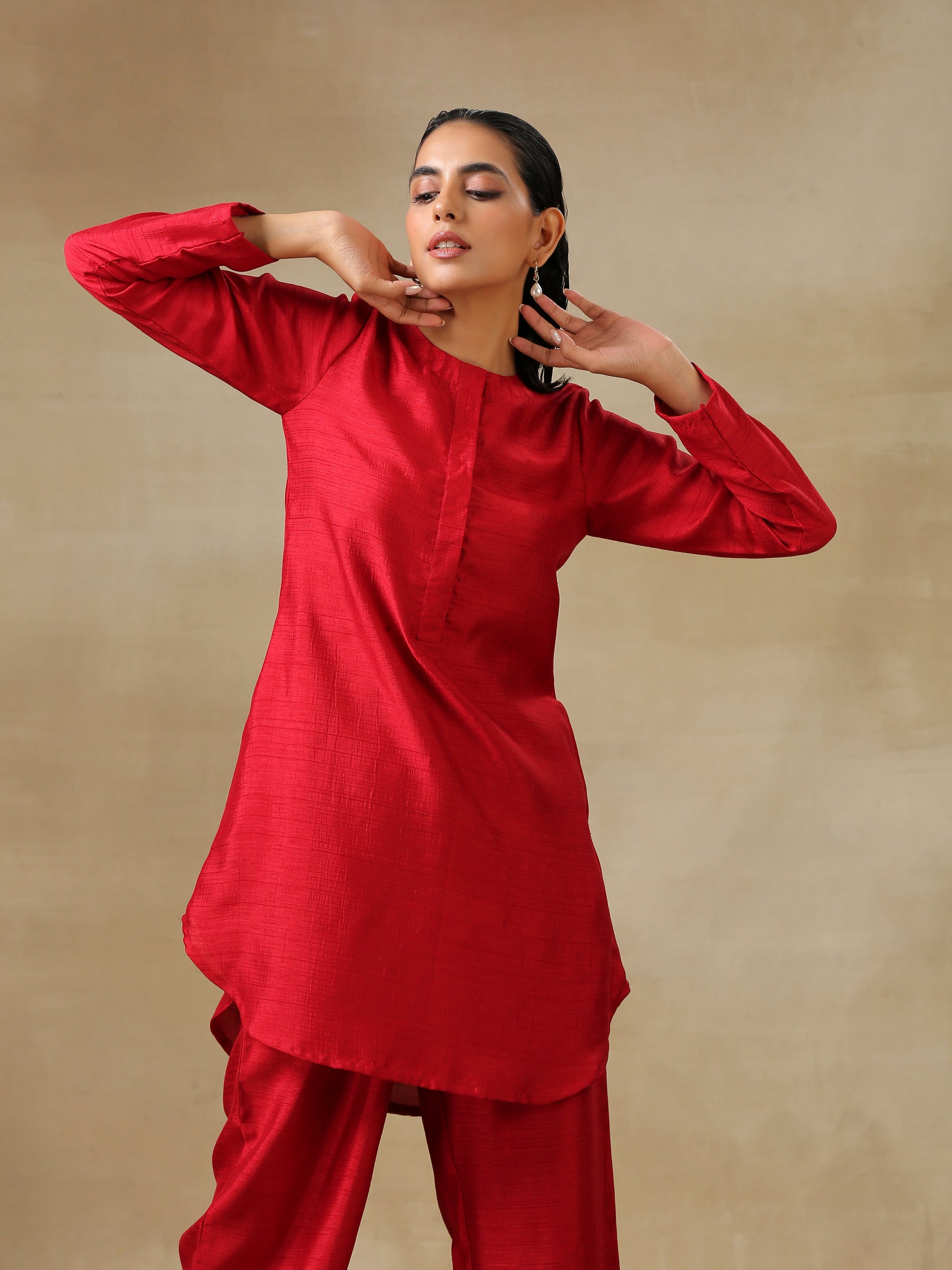 trueBrowns Maroon Textured Silk Front Placket Co-Ord Set - Swadesiicart