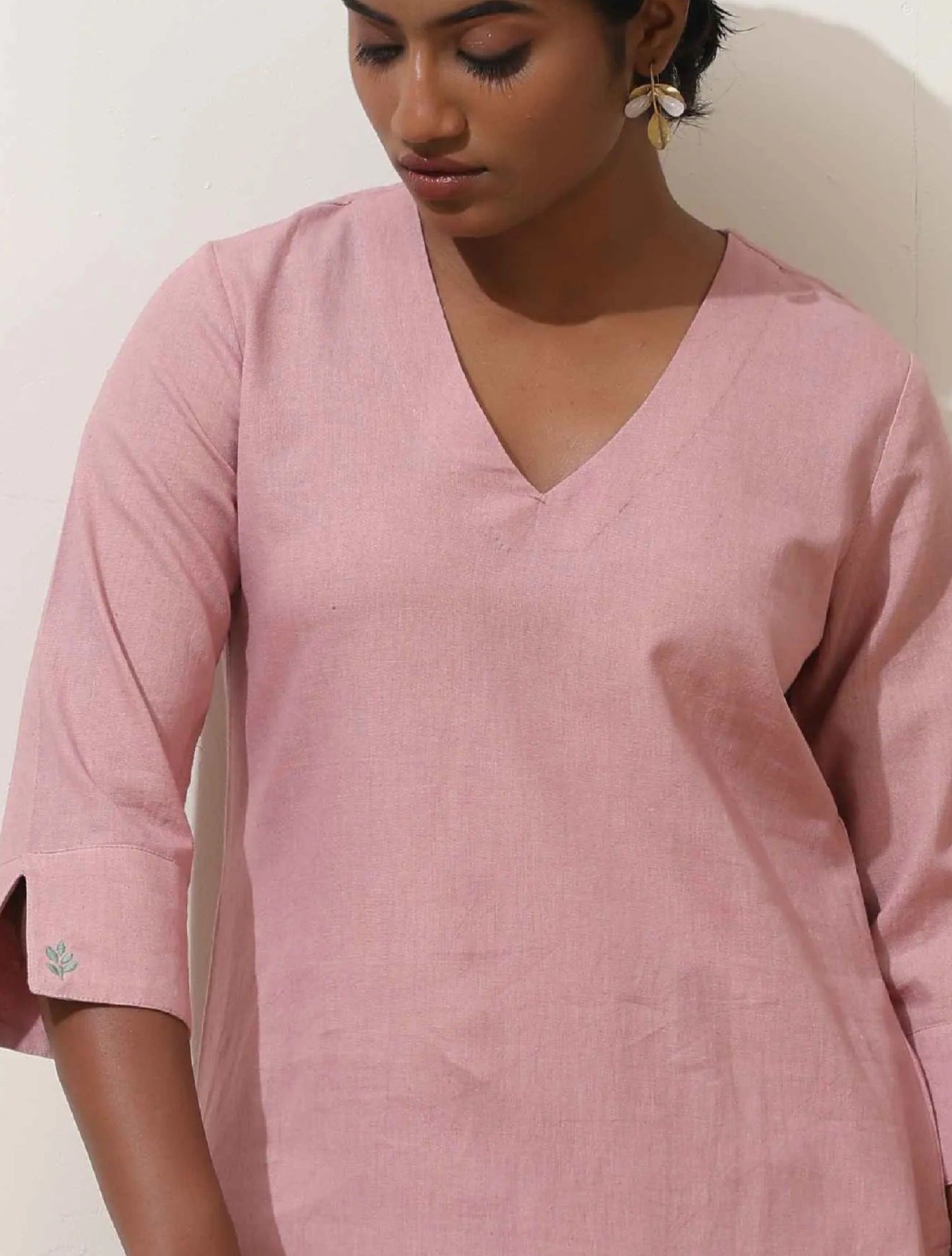 trueBrowns Pink Cotton Linen Kurta Co-Ord Set - Swadesiicart