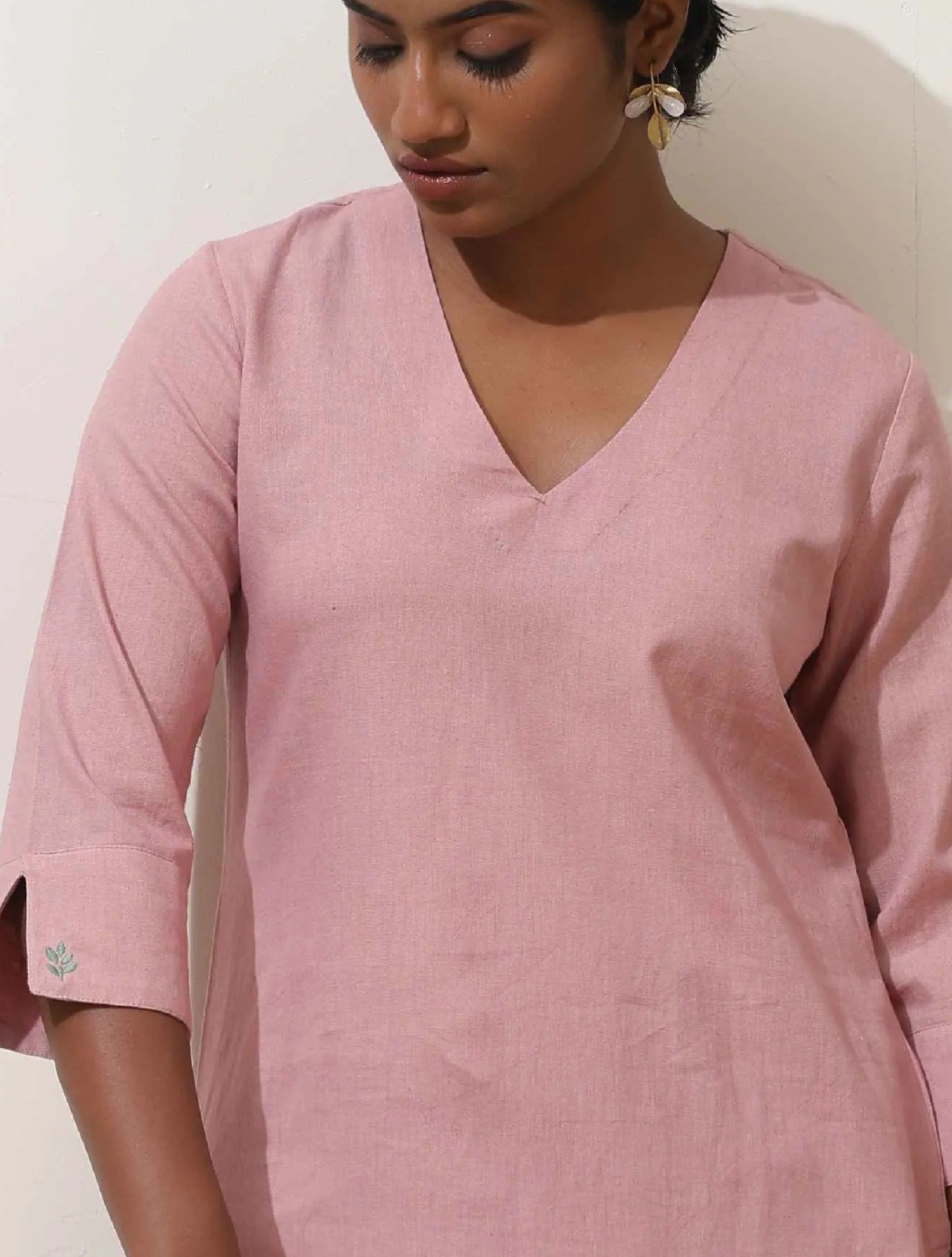 trueBrowns Pink Cotton Linen Kurta Co-Ord Set - Swadesiicart