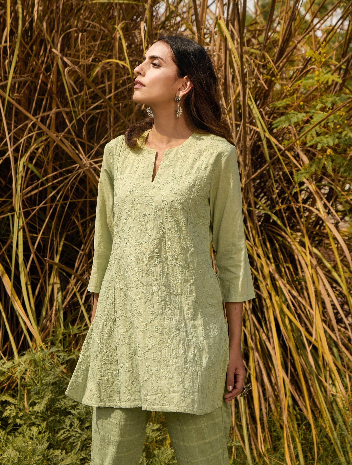 trueBrowns Green Cotton Embroidered Co-ord Set - Swadesiicart