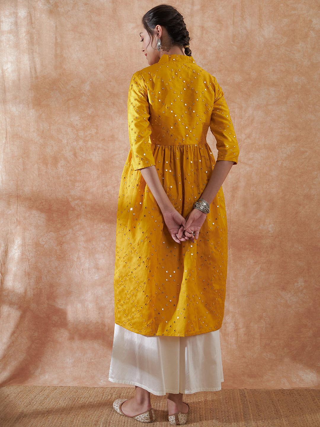 InWeave Women's Mustard Mirror Work Flared Kurta - Swadesiicart