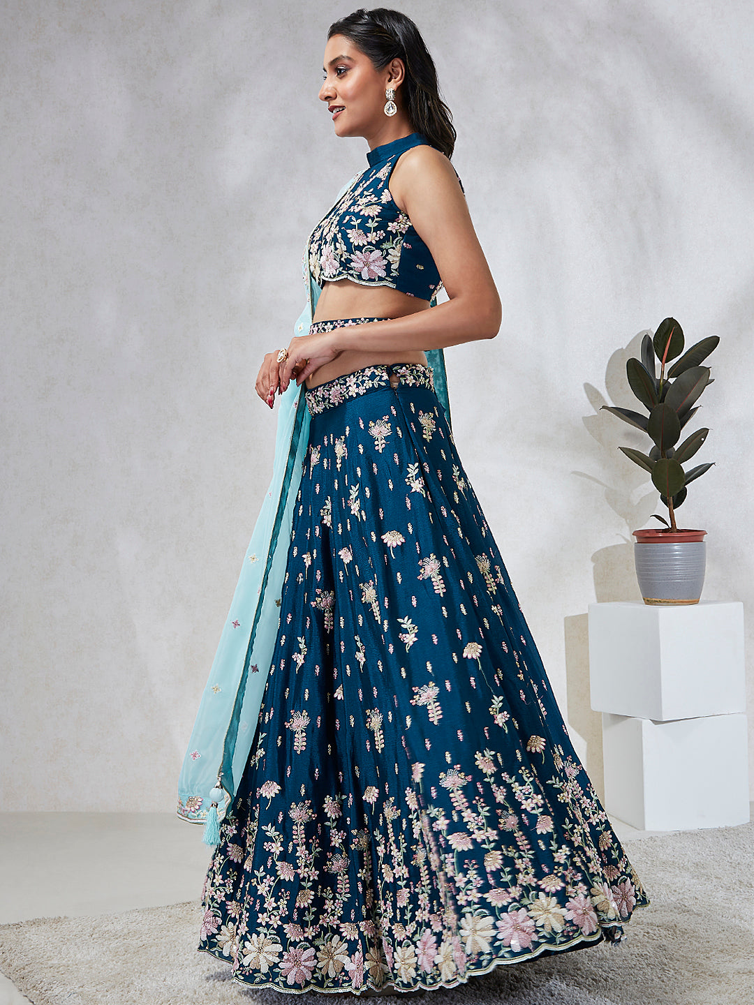House of Panchhi Teal Pure Georgette Sequins And Thread Embroidery Lehenga Choli & Dupatta | Swadesiicart