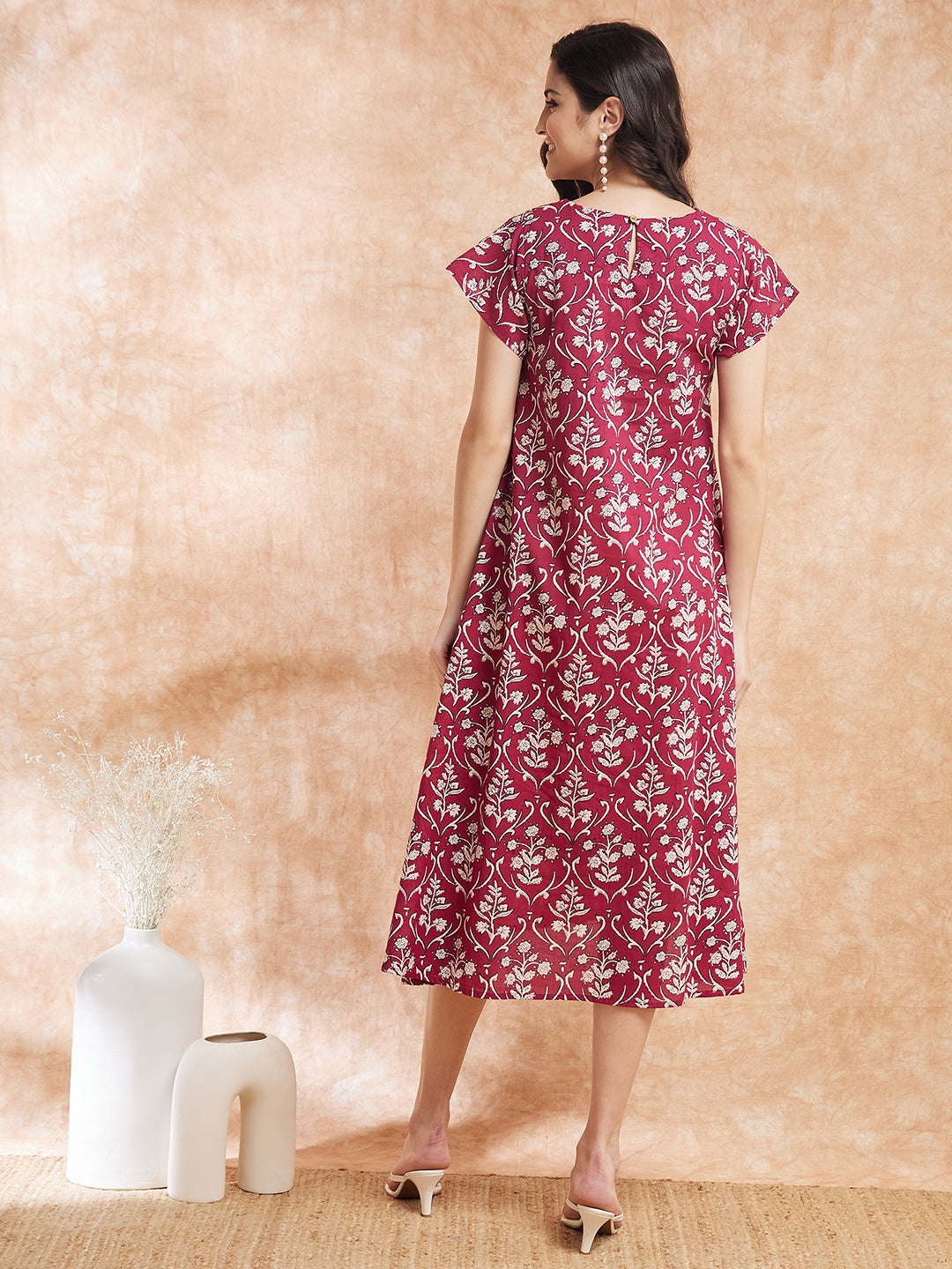 InWeave Women's Wine Cream Floral Print A Line Dress - Swadesiicart
