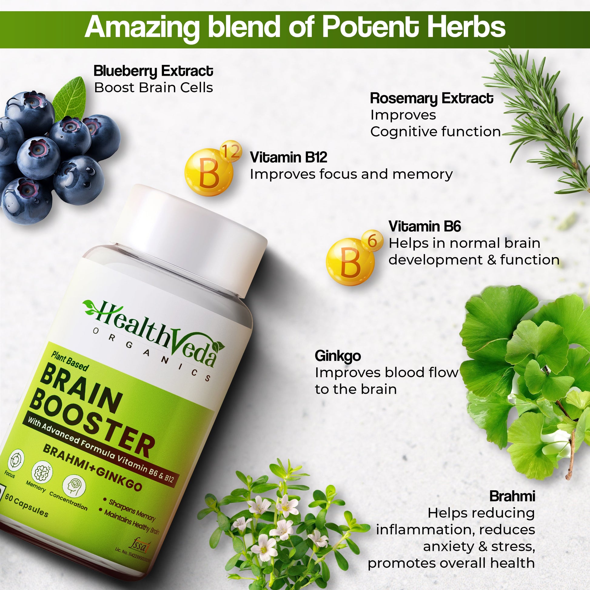 Health Veda Organics Plant Based Brain Booster Capsules - Swadesiicart