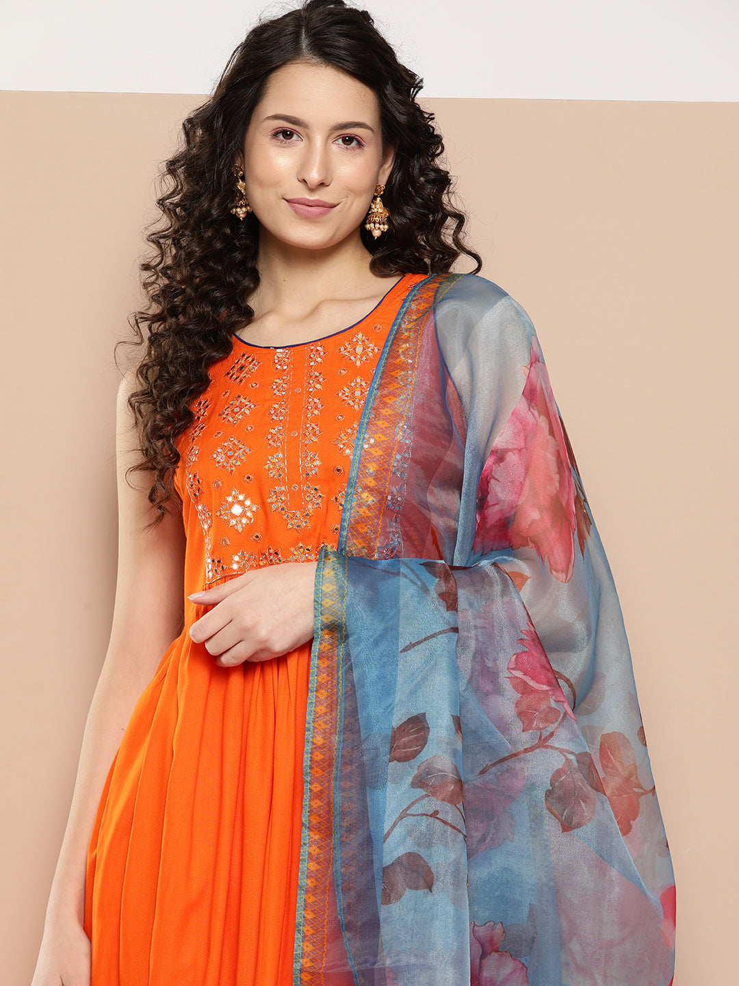 InWeave Women's Orange Mirror Work Aline Strappy Kurta Set Blue Fuchsia Or Dupatta - Swadesiicart