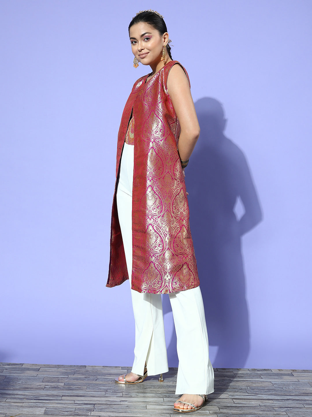 InWeave Women's Pink Brocade Jacket - Swadesiicart