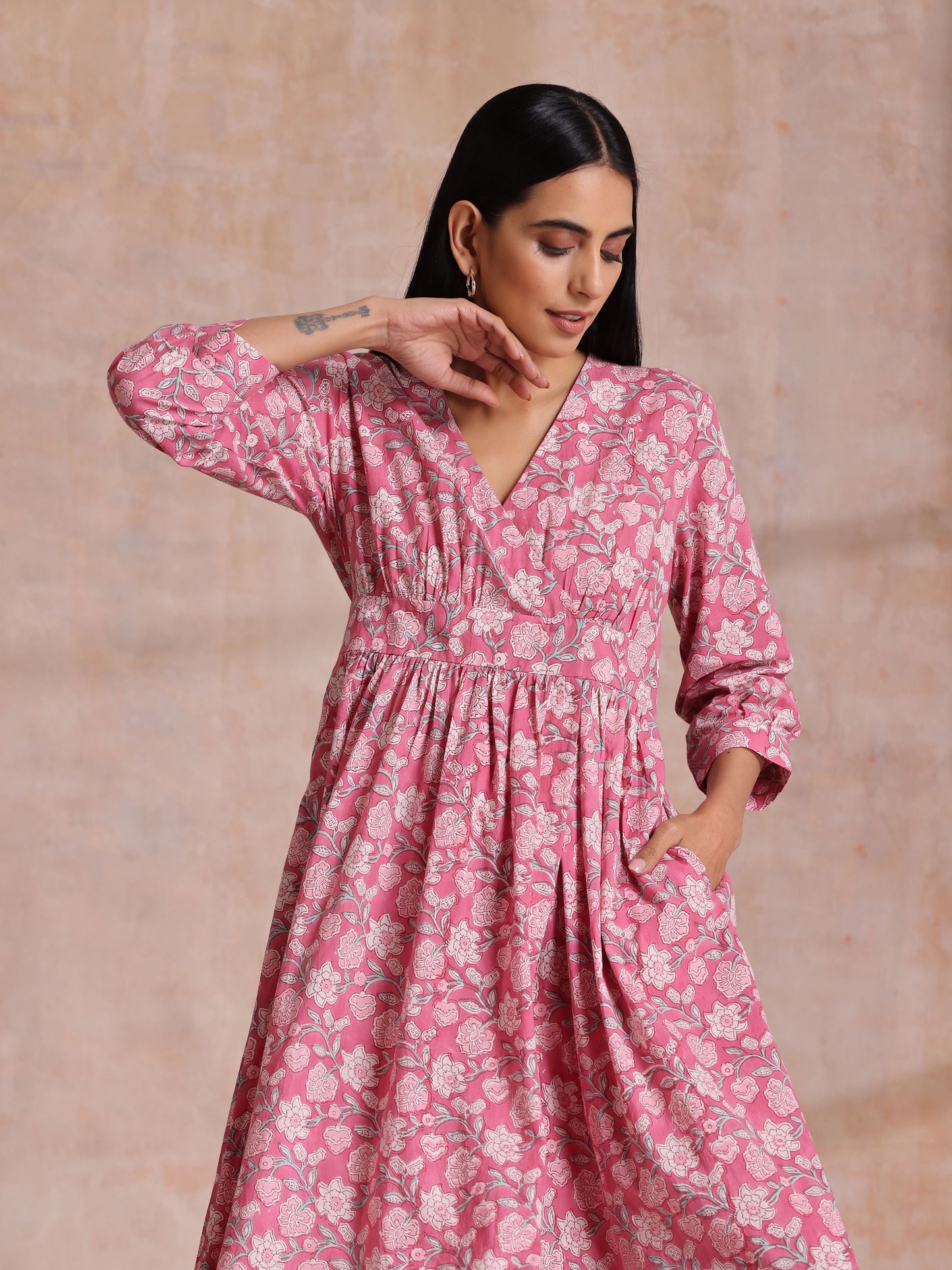 trueBrowns Pink Overall Floral Block Print Cotton Wrap Dress | Swadesiicart