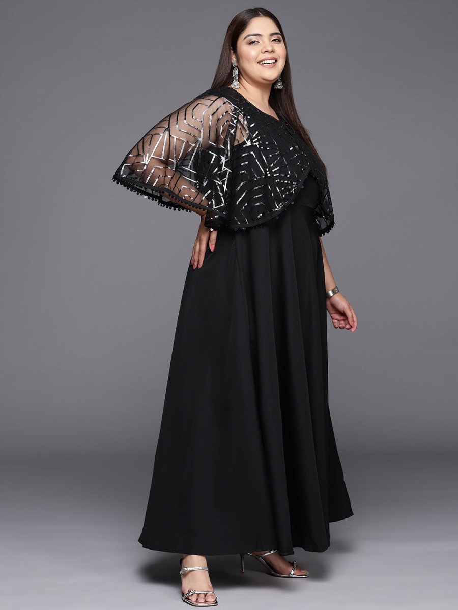 Ahalyaa Plus Size Geometric Print Crepe Layered A-line Maxi Ethnic Dress | Swadesiicart