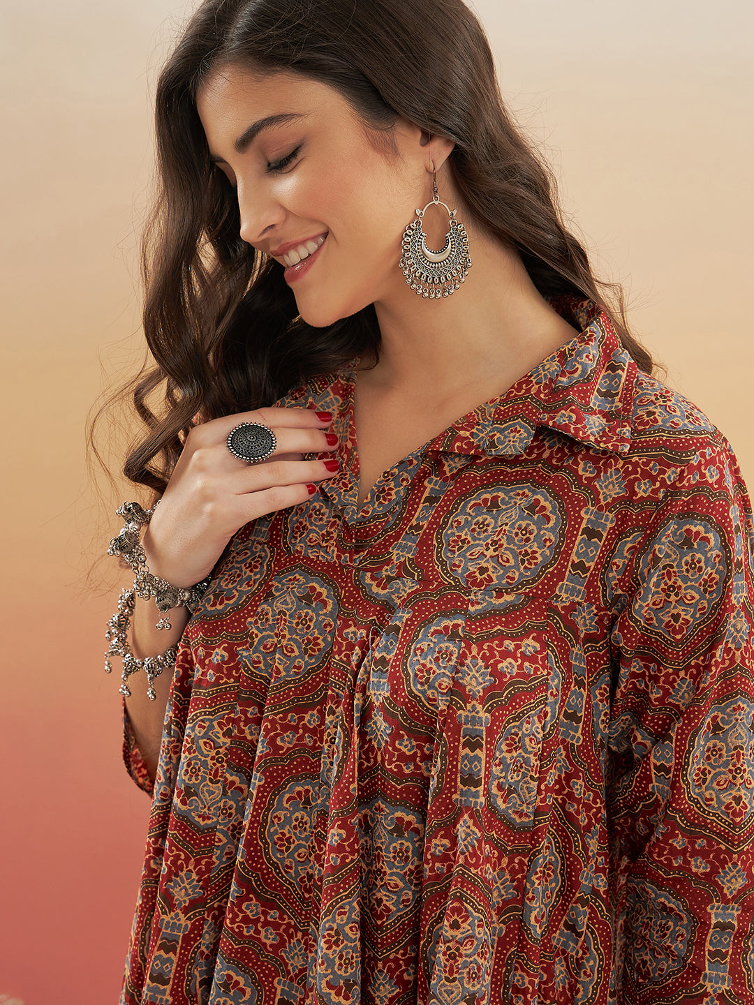 InWeave Women's Maroon Mughal Kalamkari Flared Dress - Swadesiicart