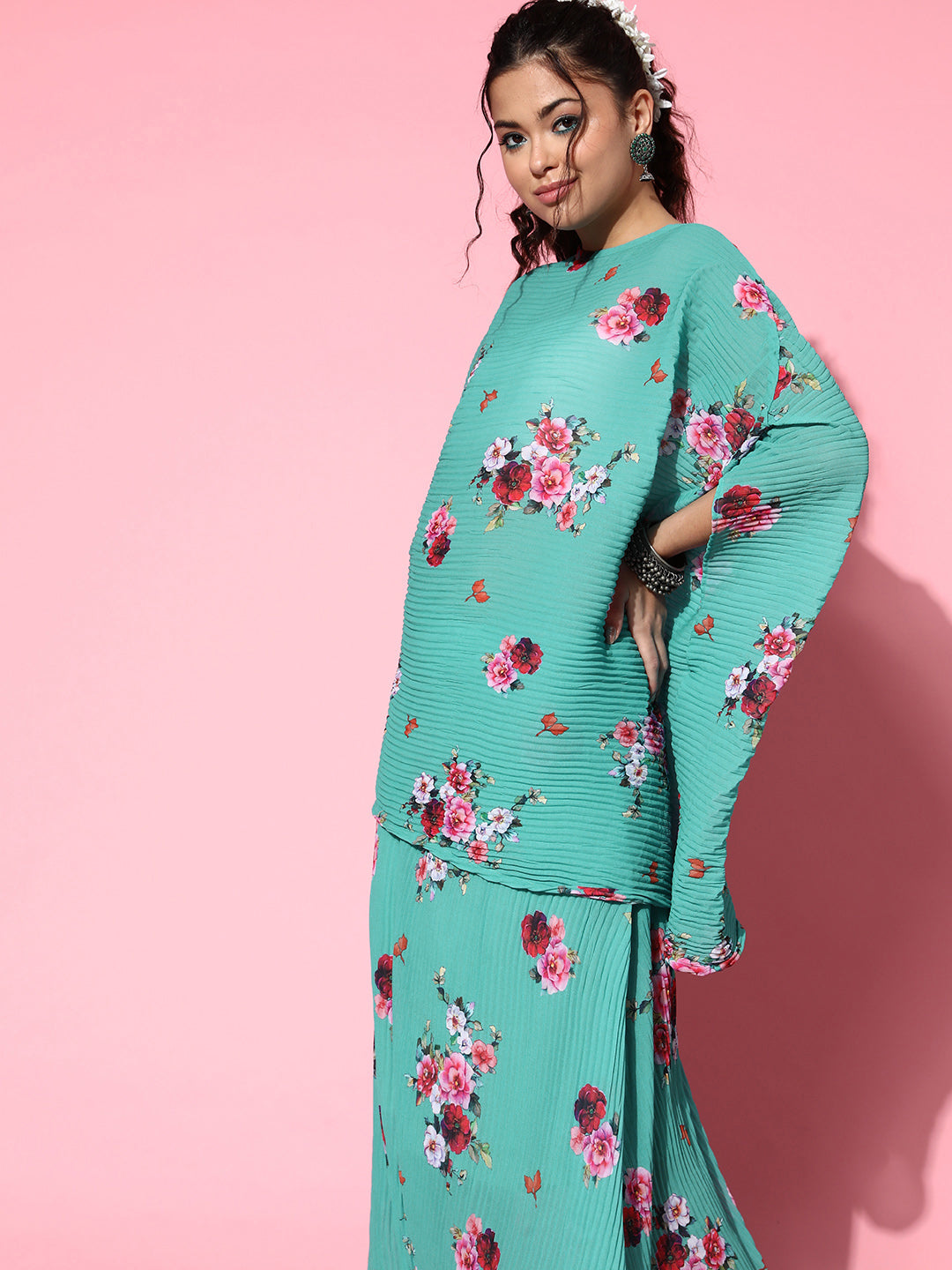 InWeave Women's Blue Floral Print Pleated Kaftan Top - Swadesiicart