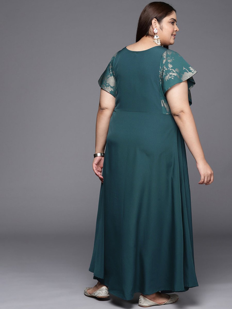 Ahalyaa Plus Size Floral Print Crepe Flared Sleeves A-line Maxi Ethnic Dress | Swadesiicart