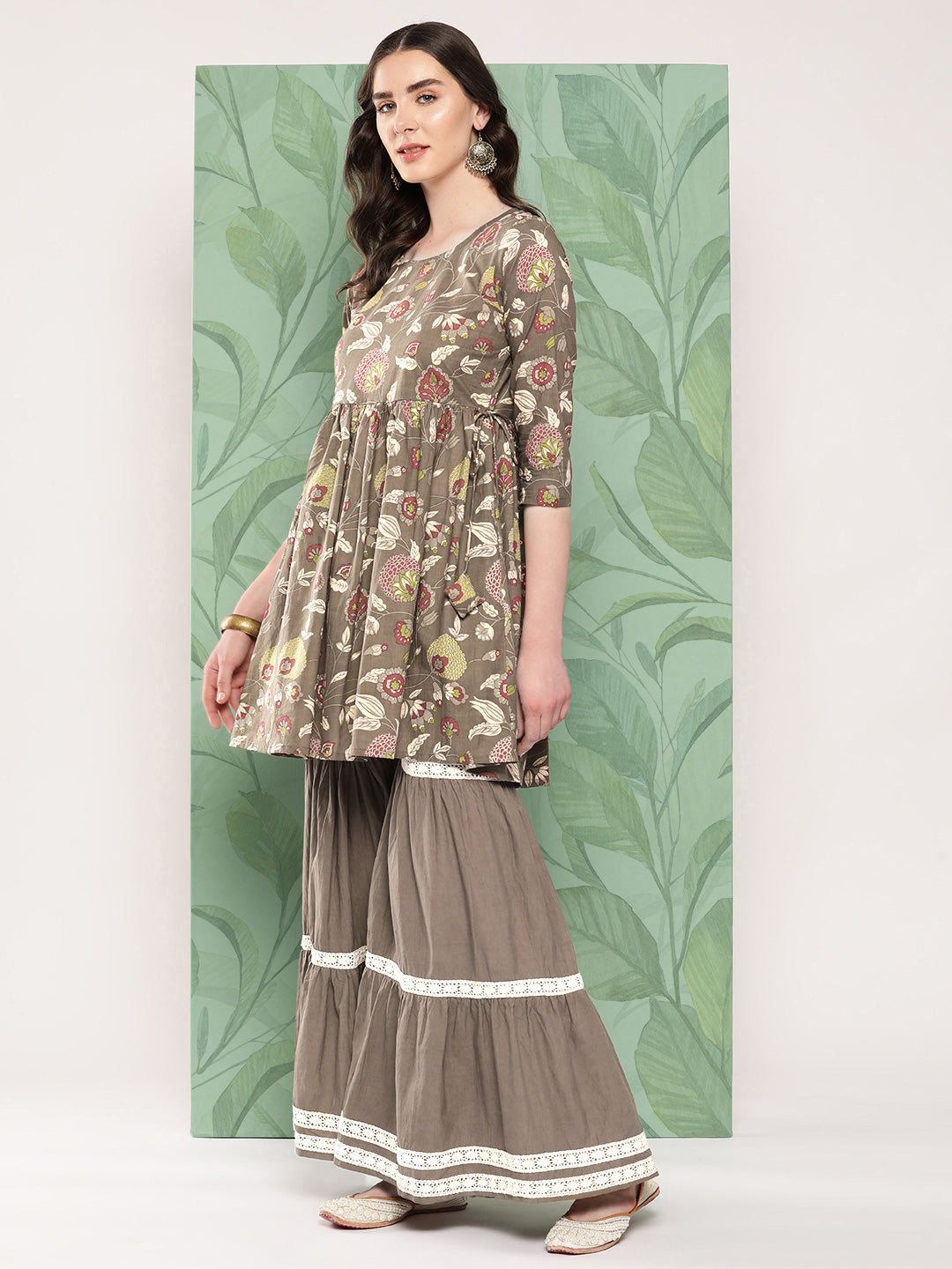 InWeave Women's Olive Shade Tropical Sharara Set - Swadesiicart